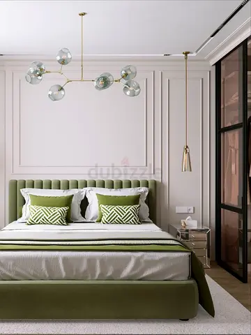 Green Upholstered Bed Frame with Ribbed Headboard