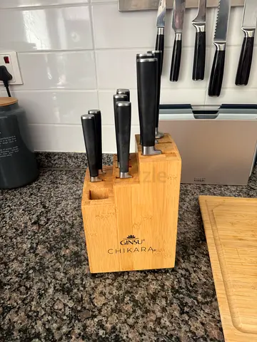 Ginsu Chikara Wooden knife block set with stainless steel knives - used