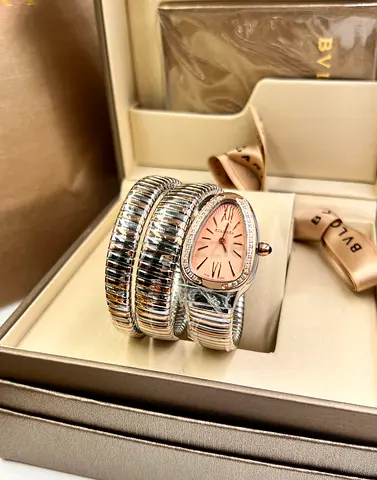Bvlgari Serpenti Tubogas Womens Super Master Copy Watch - Silver Tone, Pink Dial