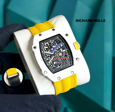 Richard Mille style skeleton dial white case watch with yellow strap (pre-owned)