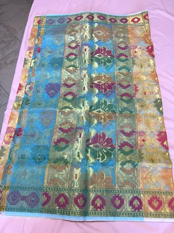 Handloom cotton dhakai party wear / wedding saree  - Blue / yellow Tone