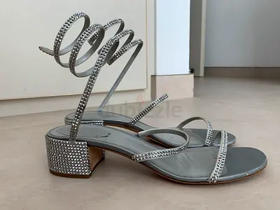 Rene Caovilla Cleo Silver crystal embellished low-heel sandals spiral ankle straps 39
