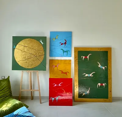 Set of 5 Hand-Painted Decorative Panels with Horses and Gold Accents