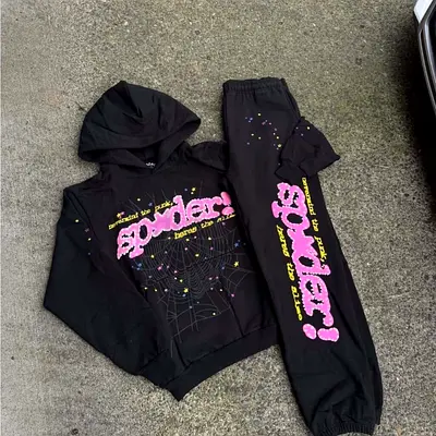 Black Hoodie and Sweatpants Set with Pink Spider! Graphic - All Sizes available