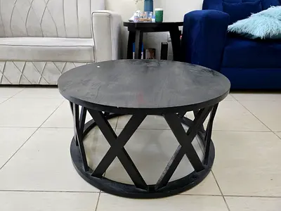Round Black Wooden Coffee Table with Geometric Base