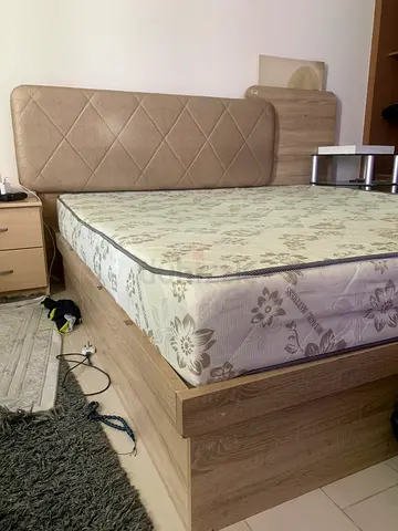 Double bed frame with mattress and bedside table - light wood