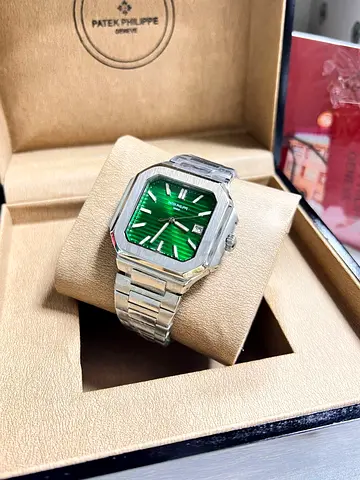 Patek Philippe-style Stainless Steel Watch with Green Dial