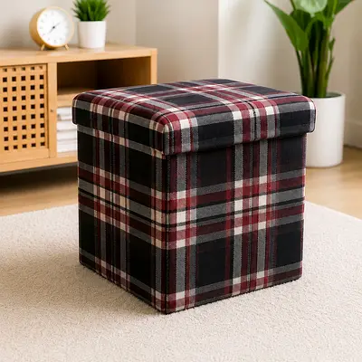 Plaid Fabric Storage Ottoman / Footstool - Folding Cube