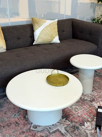 Chocolate Fabric 3-Seater Sofa with White Round Nesting Coffee Tables and Rug