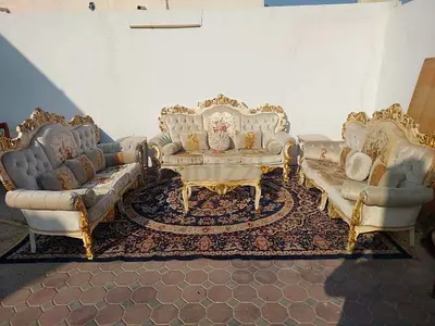 Classic Gold-Trim Living Room Sofa Set - 9 seater with 2 corner tables and 1 big center dining table
