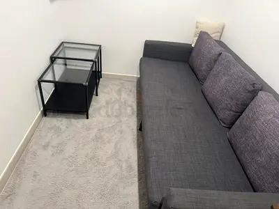 Grey 3-Seater Sofa cum bed with Nesting Glass Side Tables - Good Condition, Plus the Grey Rug