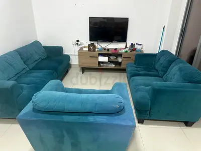 Teal Velvet 3-Seater and 2-Seater Sofa Set with Armchair - Good Condition