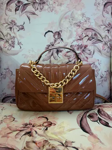 Brown Quilted Patent Leather Aldo Shoulder Bag with Gold Chain Strap