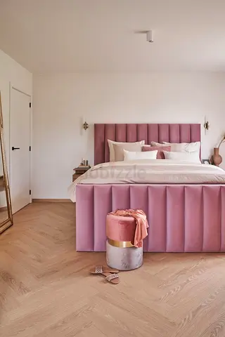 Upholstered Pink Velvet Bed Frame with Padded Headboard (Double/Queen)