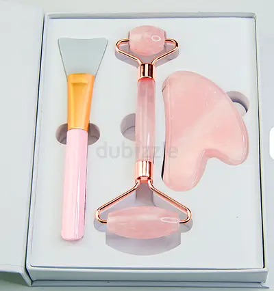 Premium 3-Piece Pink Quartz Gua Sha  Jade Roller Set with Brush