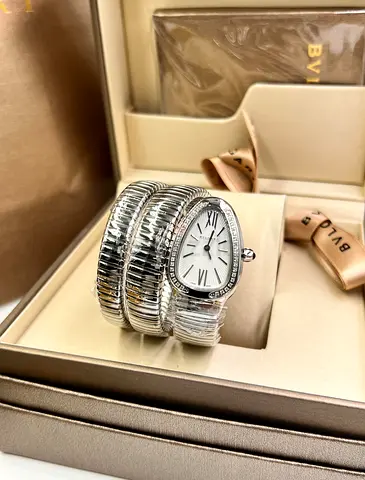 Bvlgari Serpenti Tubogas Womens Super Master Copy Watch - Silver Tone, stones Bezel