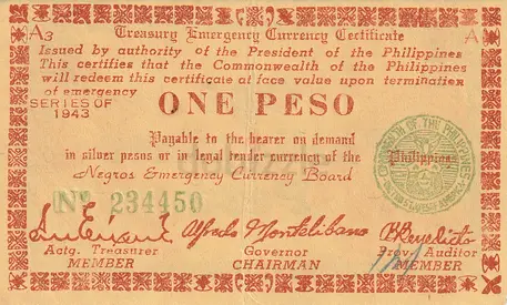 PHILIPPINES 1 PESO EMERGENCY BANKNOTE (NEGROS OCCIDENTAL) 1943