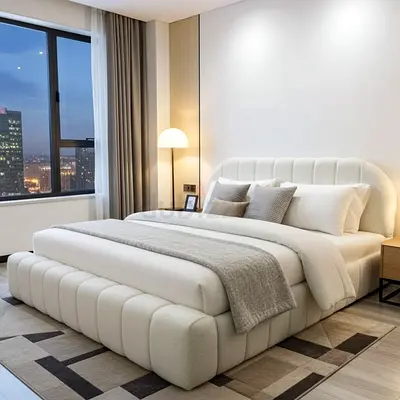 Modern Low Profile Upholstered King Bed with Padded Headboard - White