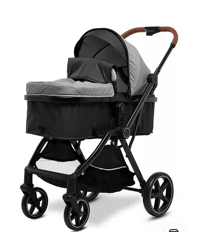 Grey 2-in-1 Pram Stroller with Bassinet and Storage Basket
