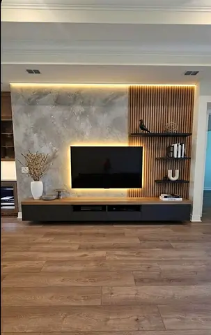 Modern TV Entertainment Unit with Decorative Wall Panels and LED Lighting