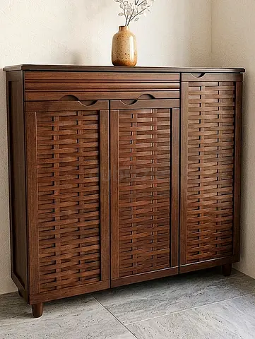 Solid Wood Woven-Front Sideboard / Storage Cabinet - Dark Brown خزانة خشبية لتخزين ملابس أحذية ألعاب