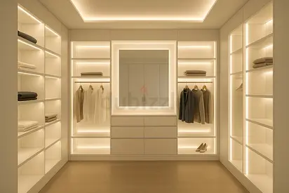 Built-in Walk-in Closet Units with LED Lighting and Central Dresser