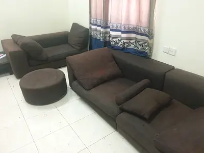 Used Brown Fabric Sofa Set - 3-Seater, Single Seat  Ottoman (very Good Condition)