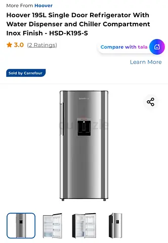 Hoover 195L refrigerator with water dispenser and chiller compartment inox finish
