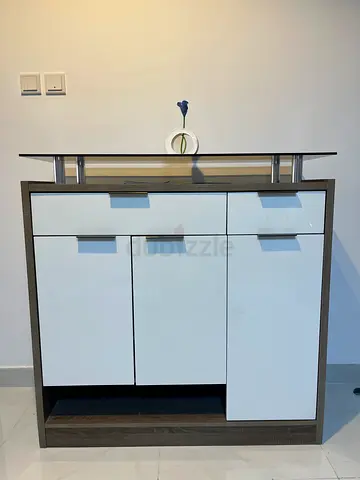 Modern White Gloss Console Cabinet with Dark Wood Frame
