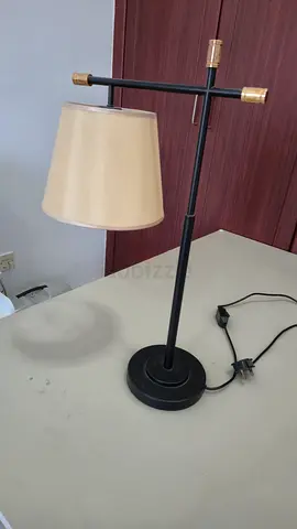 Black Metal Desk Lamp with Beige Shade — Adjustable T-bar Design