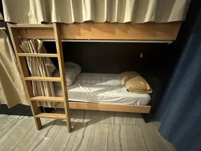 Solid Wood Bunk Bed with Curtains — Single Lower and Upper (Good Condition)