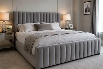 Upholstered King Bed Frame with Padded Headboard and Footboard - Grey Velvet