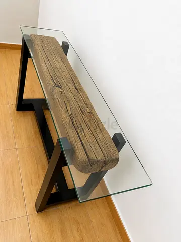 Marina Home Railway Wood Console Table With Glass Top