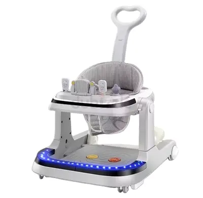 Multi-function Baby Walker with Push Handle and LED Lights - Grey