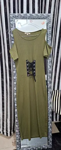 Olive Green Ribbed Cold-Shoulder Maxi Dress with Lace-Up Detail