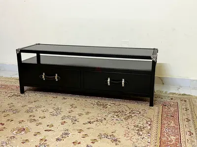 Low Black TV Stand / Entertainment Unit with Glass Top and Drawers