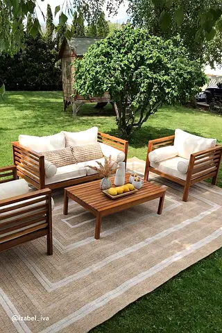 Outdoor Wooden Lounge Set with Cushions - 4 Pieces (Sofa, 2 Chairs, Coffee Table)