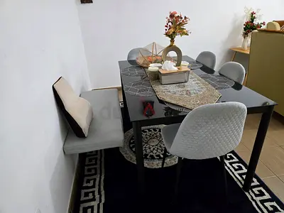 Black Glass Dining Table with 6 Gray Chairs - Modern Set