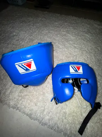 Winning Blue Leather Boxing Head Guard  Groin Guard - Brand New