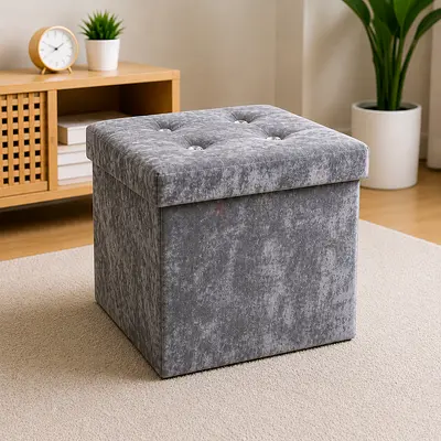 Grey Tufted Storage Ottoman / Footstool - Compact Square