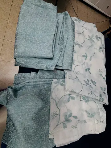 Light teal textured curtain panels with floral sheer curtains - set of 4 each piece 130*240