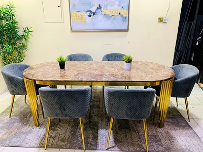 Marble-top Dining Table with 6 Velvet Chairs (Gold Legs) - Good Condition
