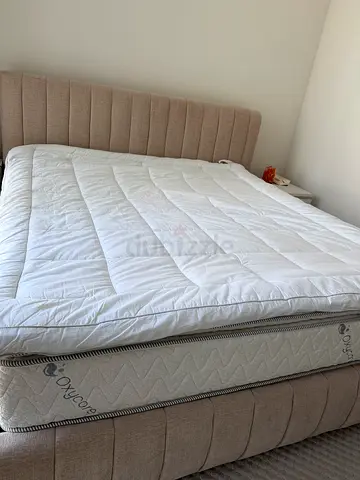 King bed frame with mattress +mattress topper and side tables and chest drawer set