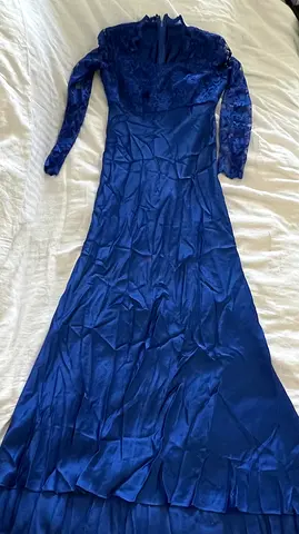 Royal Blue Long Trail Lace Sleeve Evening Gown - Size XS