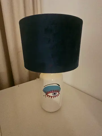 Small Ceramic Table Lamp with Dark Blue Velvet Shade