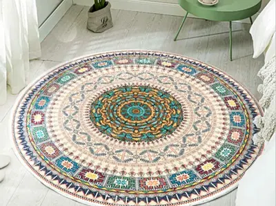 Round Bohemian Medallion Area Rug - 120cm, Soft Pastel Turquoise  Beige