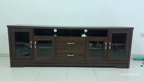 Dark Wood TV Entertainment Unit with Glass Doors and Drawers