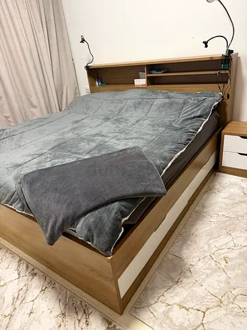 Wooden Double Bed Frame with Headboard and Storage Shelves - Light Oak