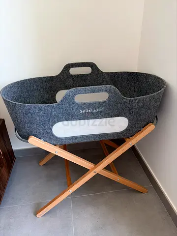 SnuzBaskit Grey Baby Bassinet with Wooden Stand (Foldable) - Good Condition