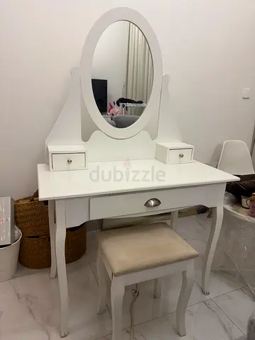 White Wooden Dressing Table with Oval Mirror and Stool
